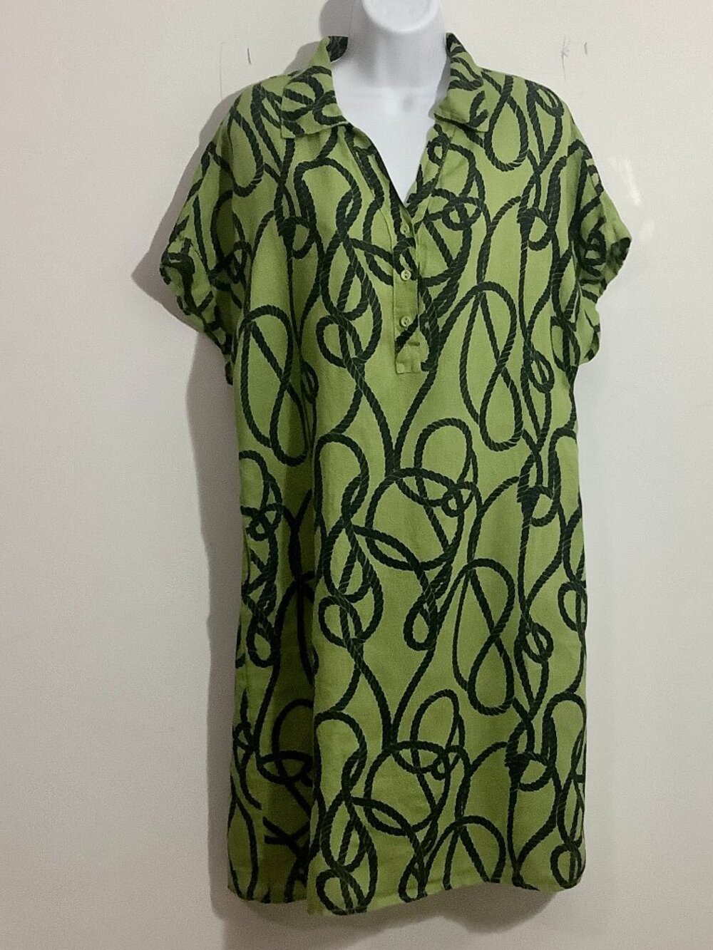 Linen Sheath Dress Medium Green Print Breathable Natural European Linen V Neck